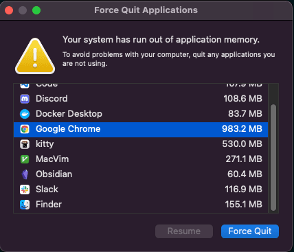 Out of application memory