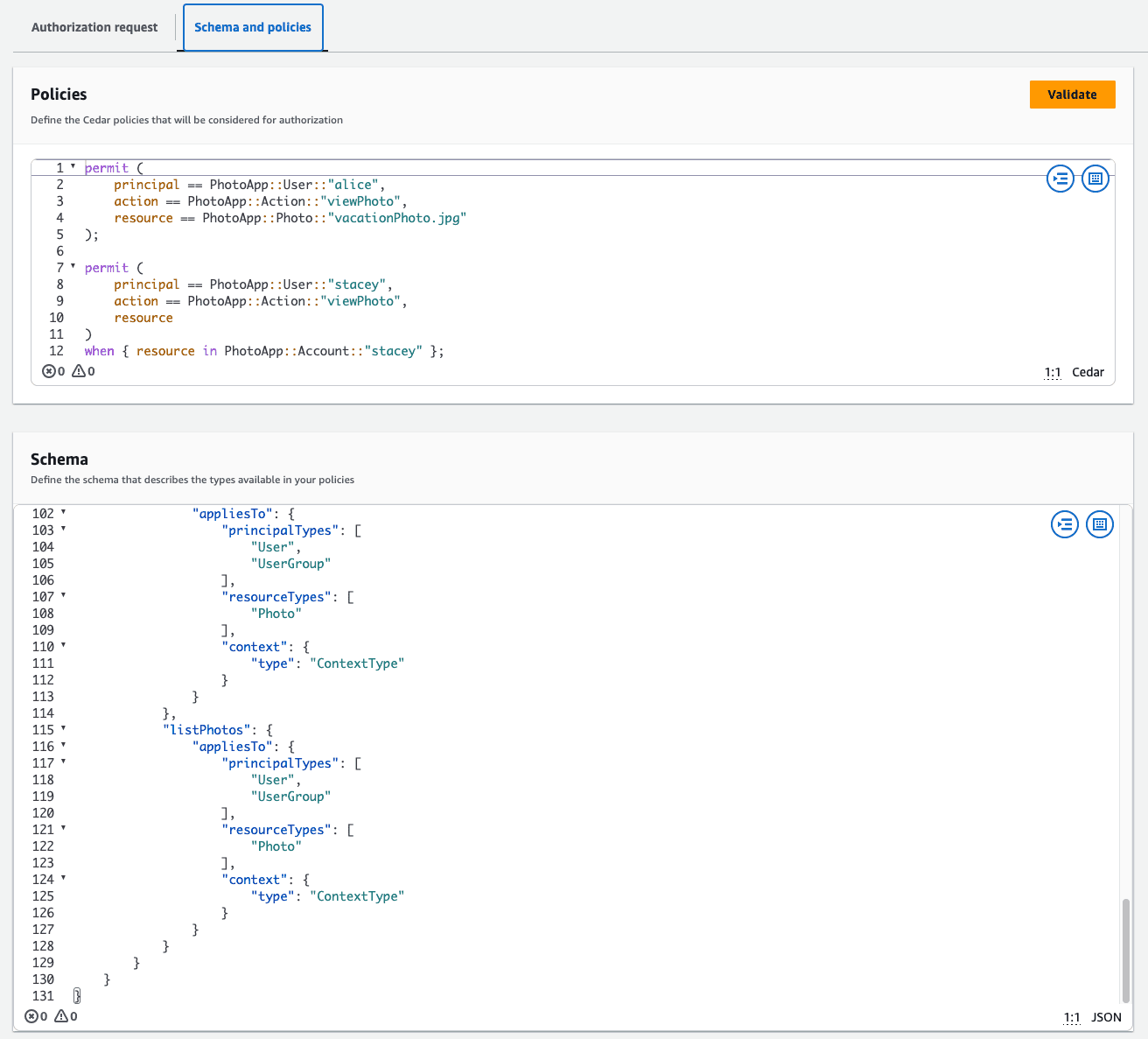 Cedar policy engine schema definition