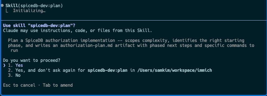 spicedb-dev plan skill initializing in Claude Code