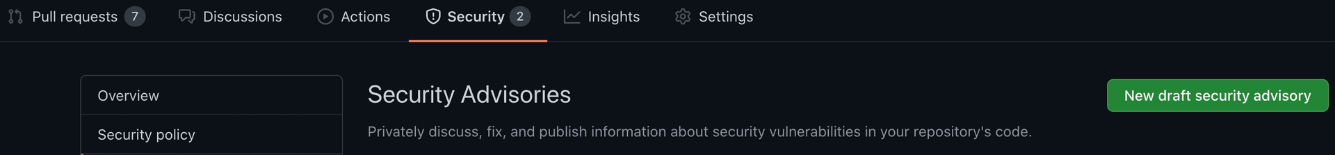 Image of the GitHub Security pane in a repository, with the new Draft security advisory button