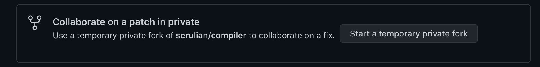 Image of the GitHub Security Advisory interface showing the Start private fork button