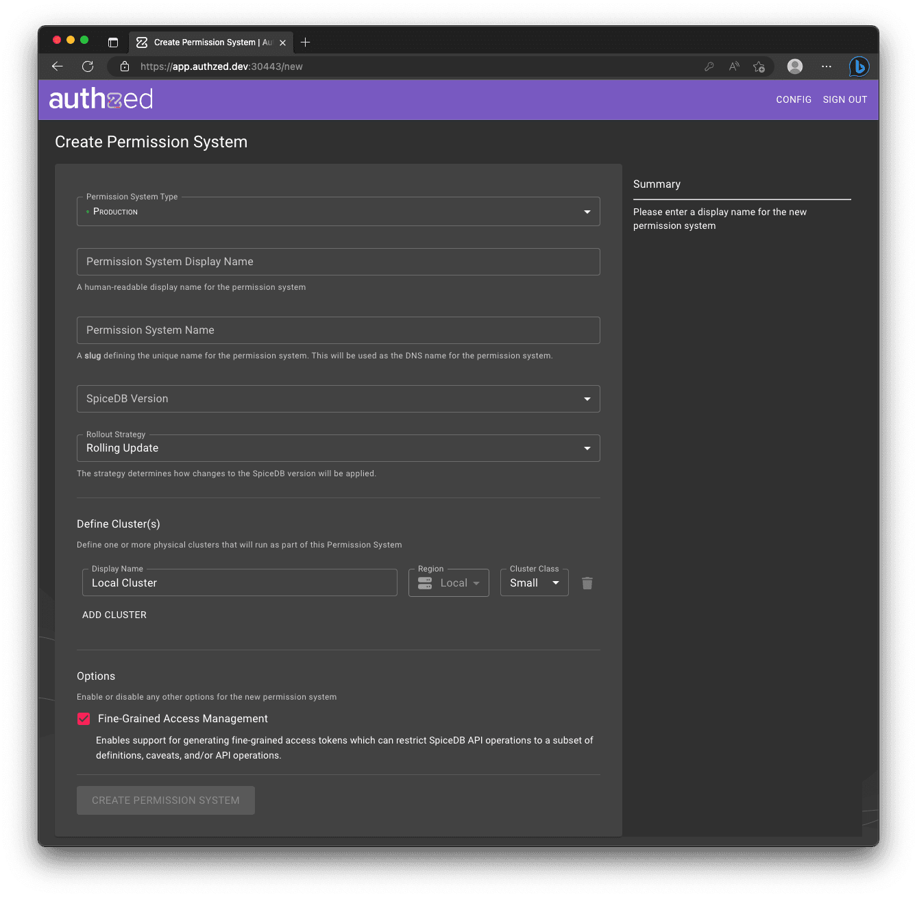 A screenshot of the Authzed Console showing the SpiceDB Permissions System creation page with Fine-Grained Access Management enabled
