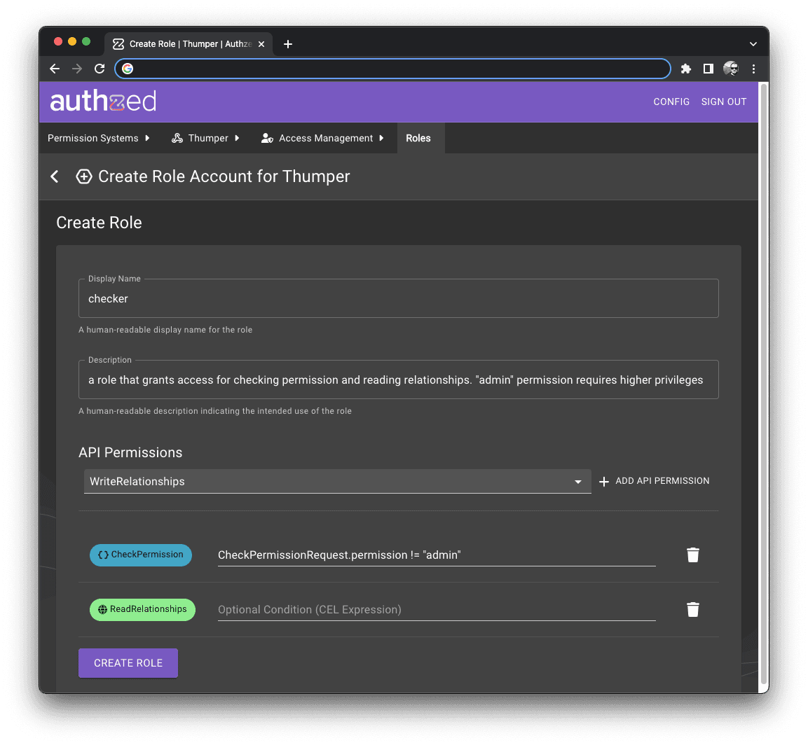 A screenshot of the AuthZed Console showing the creation of a new Role with permissions and conditions