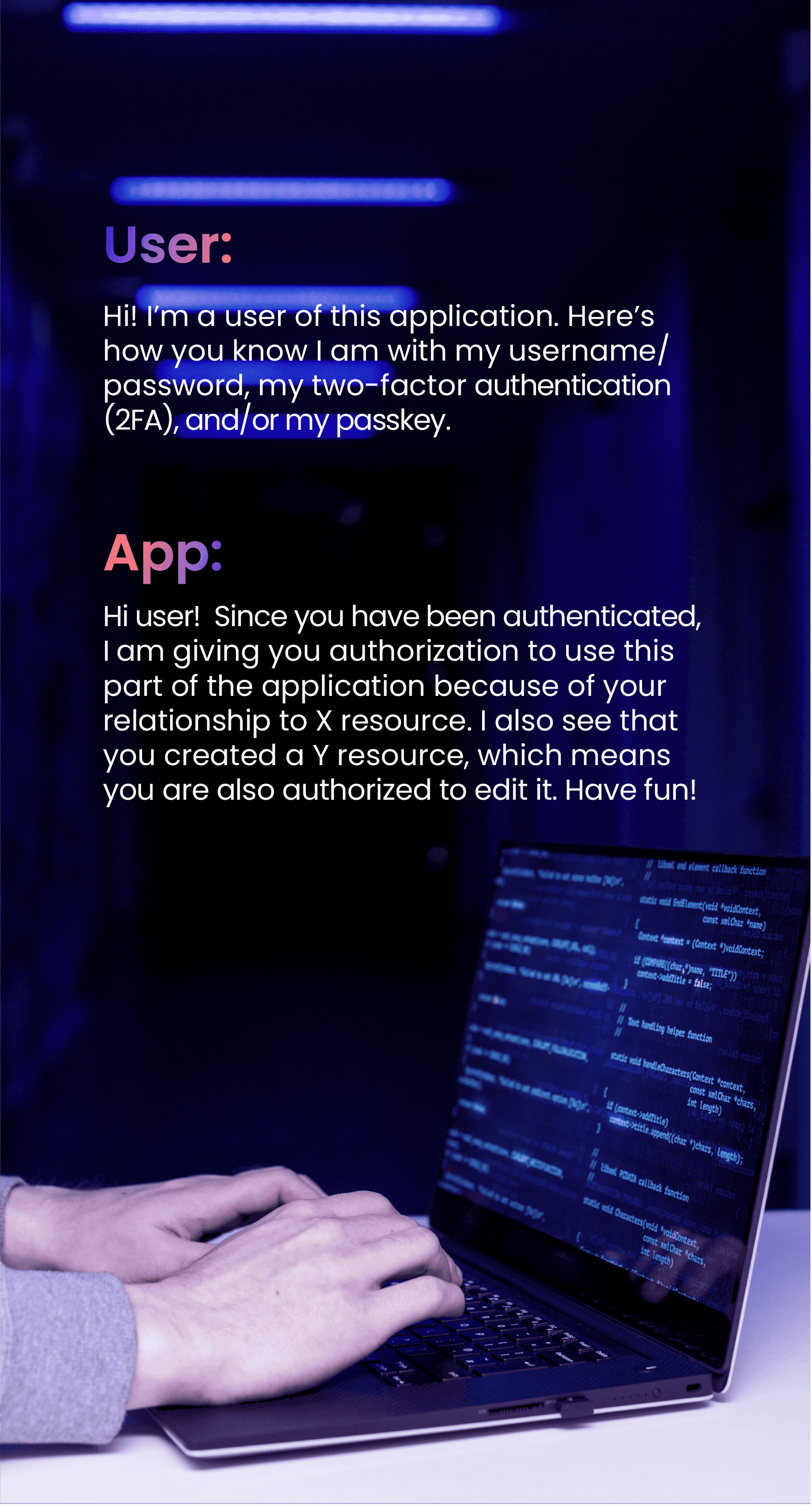 Example of user authentication and authorization when interacting with app