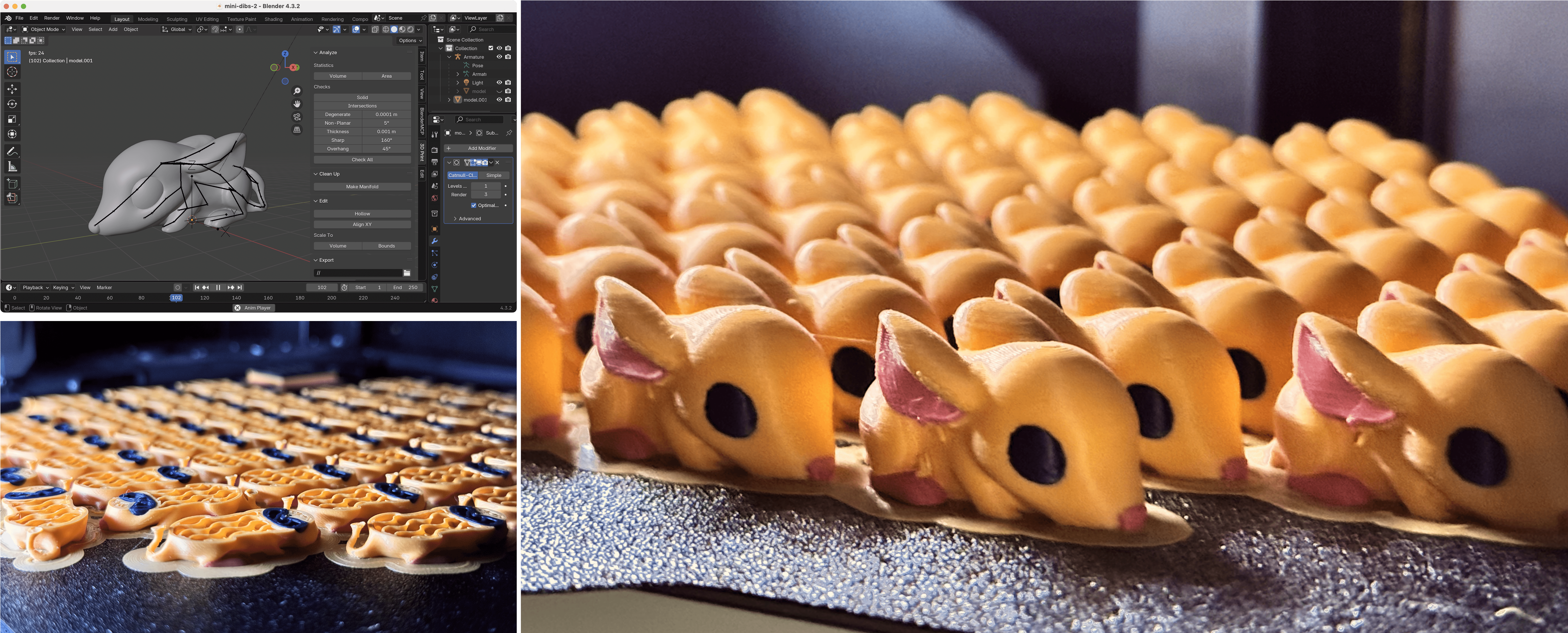 Dibs keychains, Blender pose, in-progress and final prints