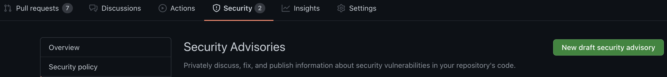 Image of the GitHub Security pane in a repository, with the new Draft security advisory button