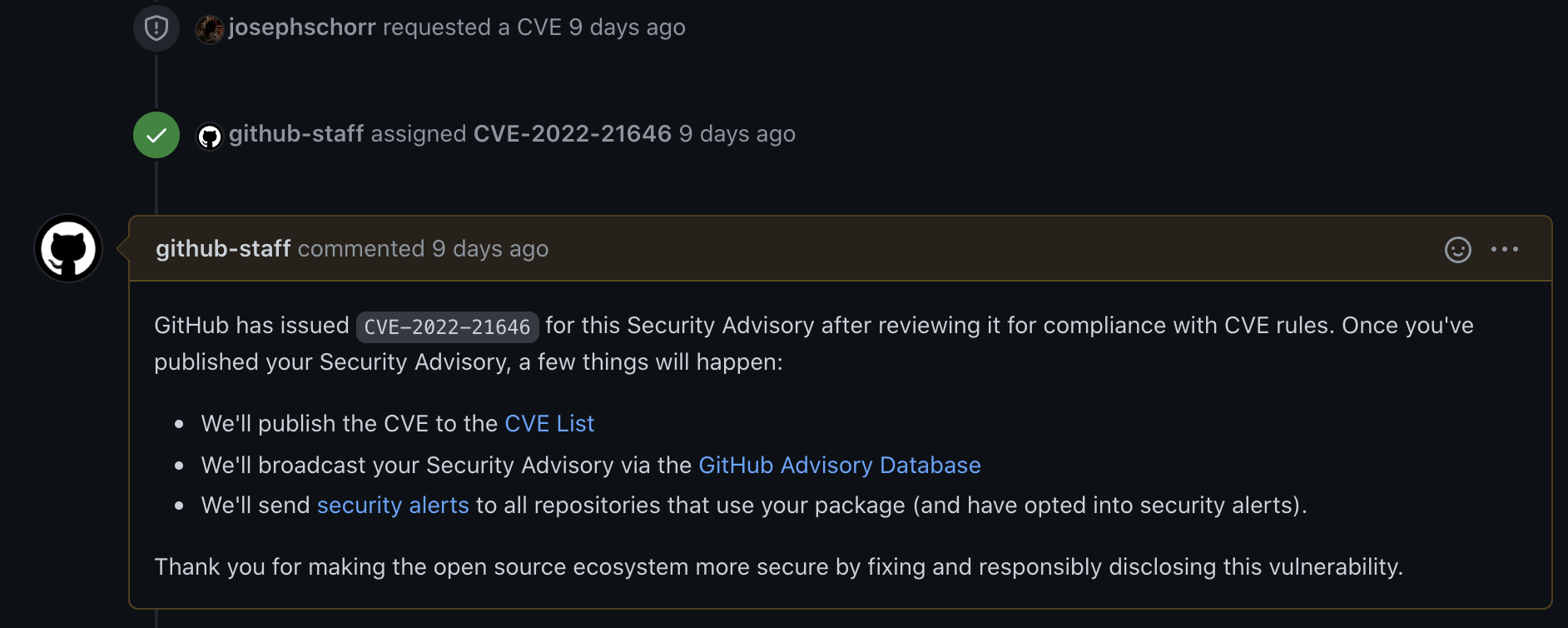 Image of the GitHub Security Advisory interface showing the CVE ID was granted