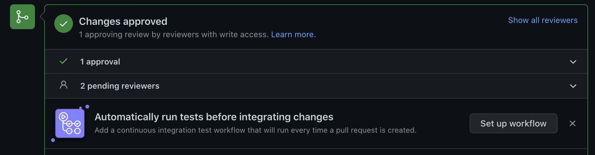 Image of the fix PR in the GitHub private repository, with changes approved but no GitHub Actions running