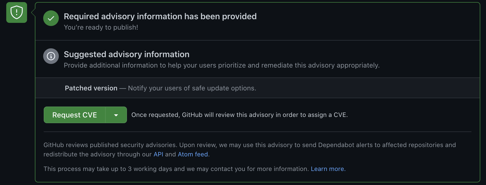 Image of the GitHub Security Advisory interface showing the Request CVE button