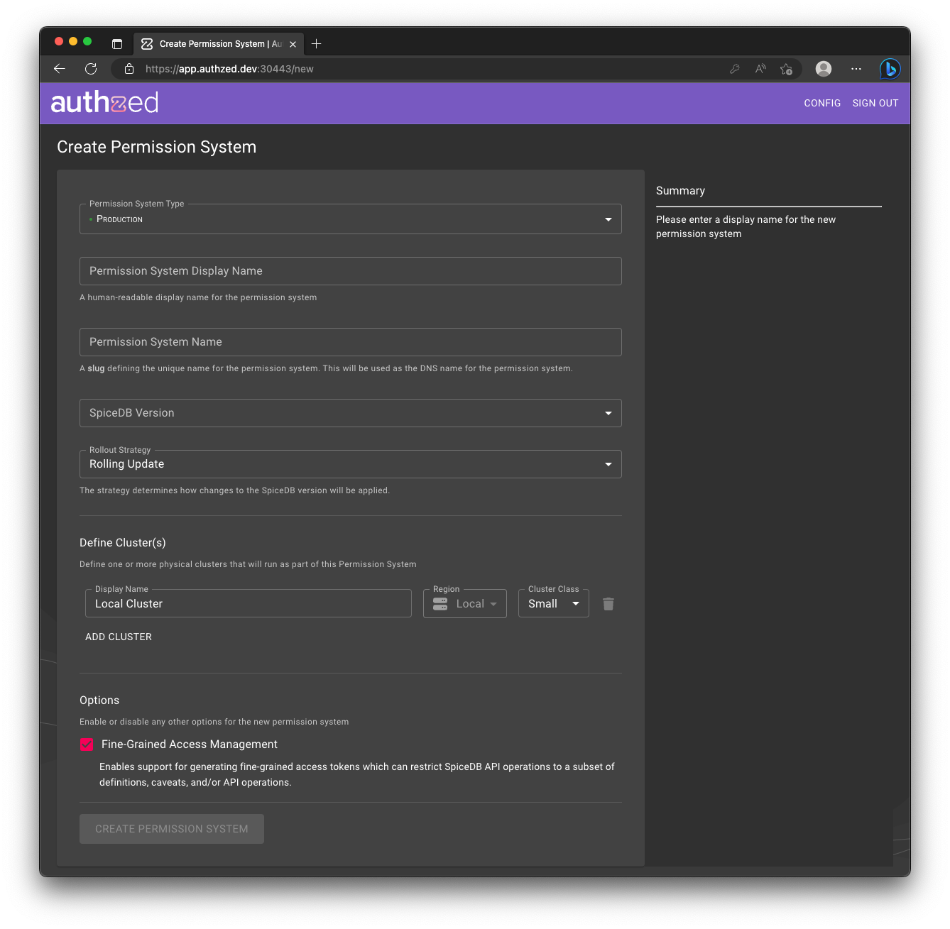 A screenshot of the Authzed Console showing the SpiceDB Permissions System creation page with Fine-Grained Access Management enabled