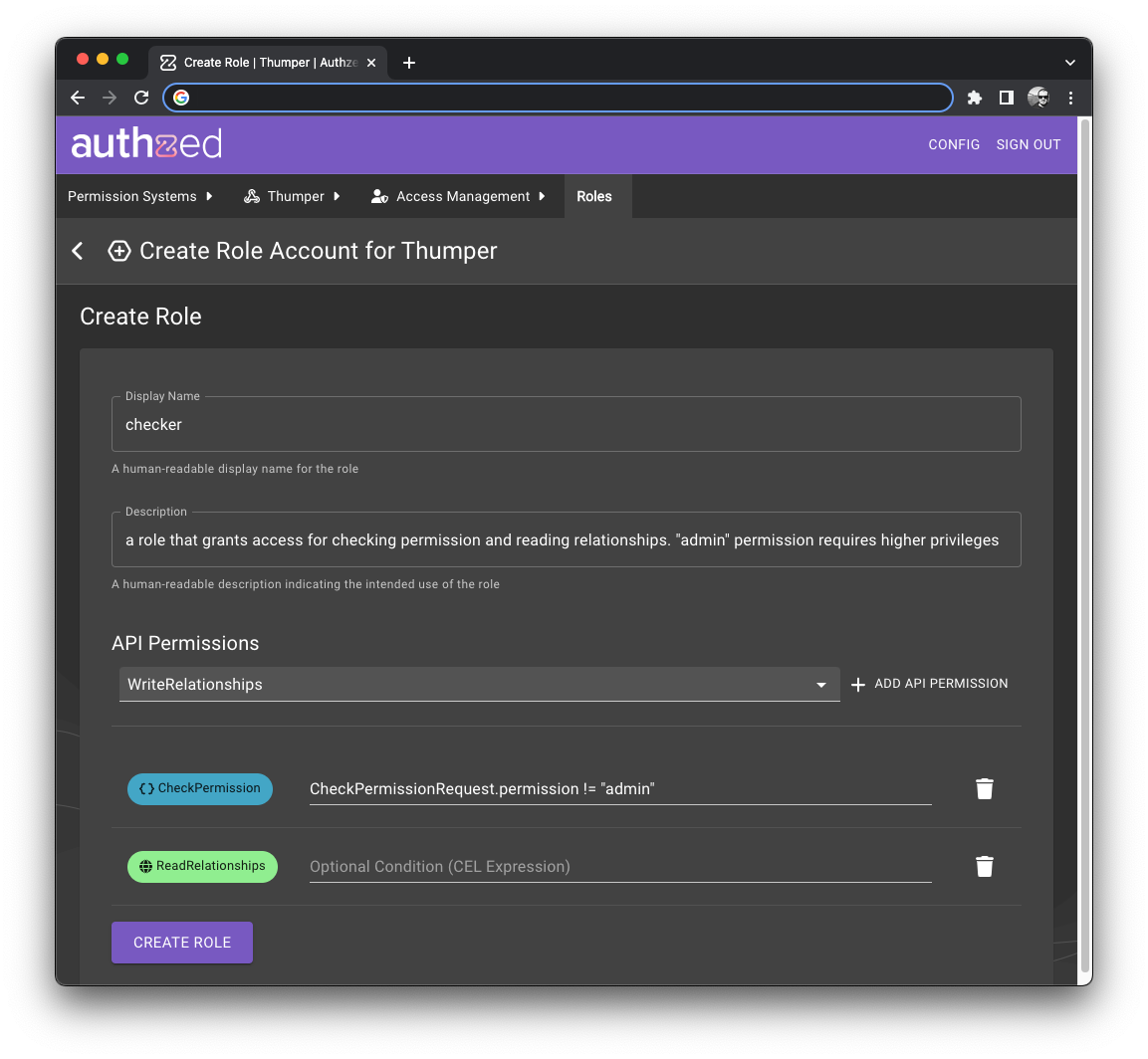 A screenshot of the AuthZed Console showing the creation of a new Role with permissions and conditions