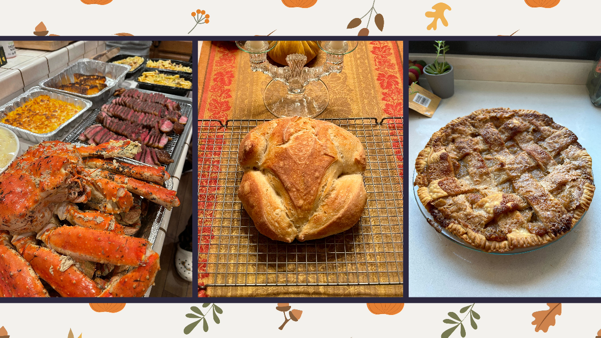 a collage featuring surf and turf buffet, bread turkey, and pie